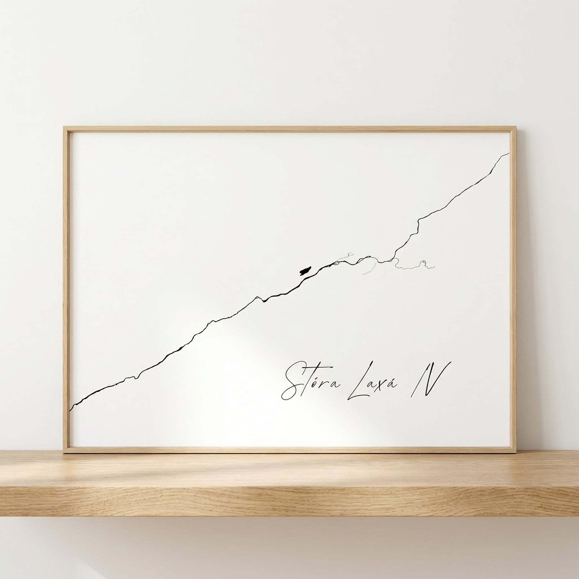 Stóra Laxá IV Iceland river art print in oak frame – minimalist river line artwork – modern interior wall – Veidislod