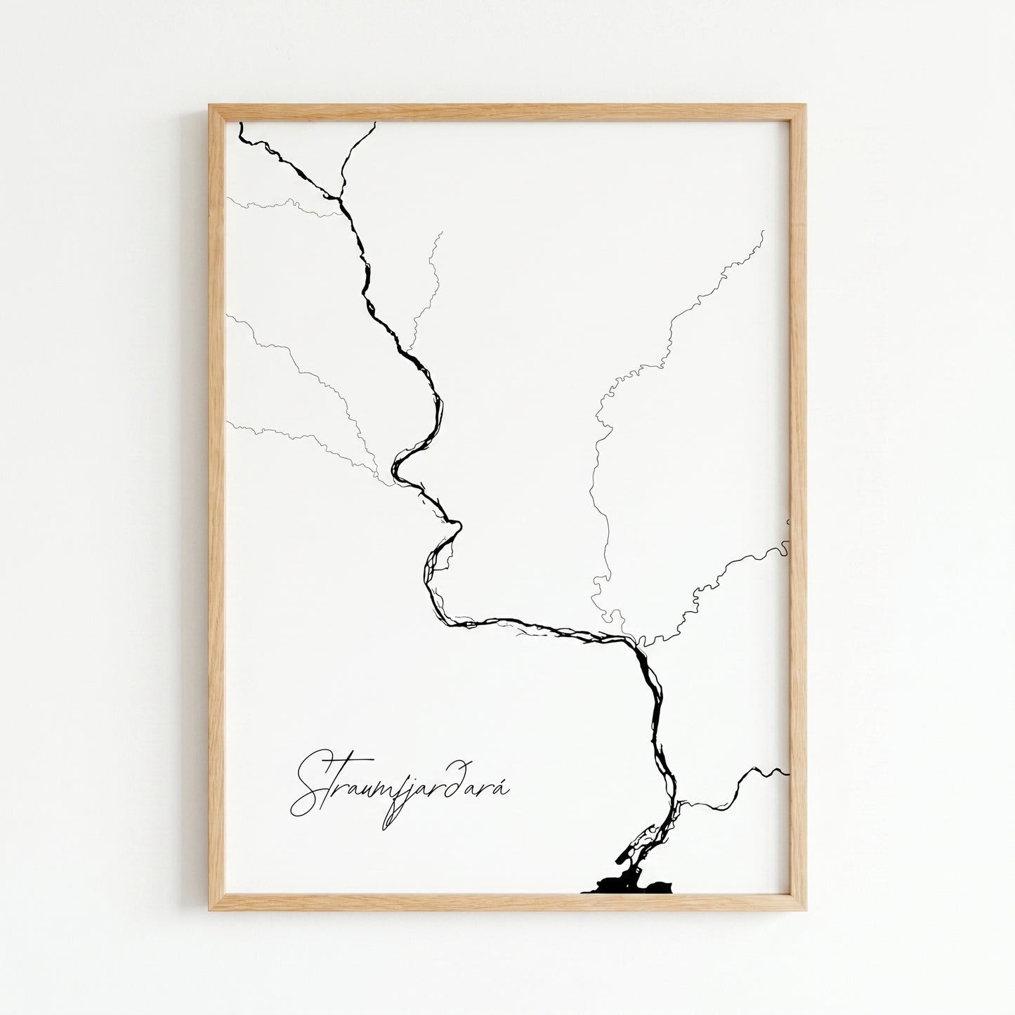 Straumfjarðará Iceland river art print in oak frame – minimalist wall art line drawing – scandinavian interior – Veidislod