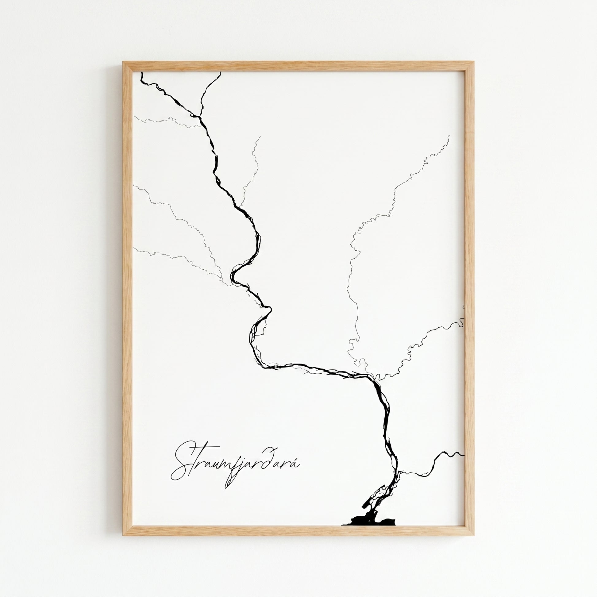 Straumfjarðará Iceland river art print in oak frame – minimalist wall art line drawing – scandinavian interior – Veidislod