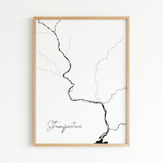 Straumfjarðará Iceland river art print in oak frame – minimalist wall art line drawing – scandinavian interior – Veidislod