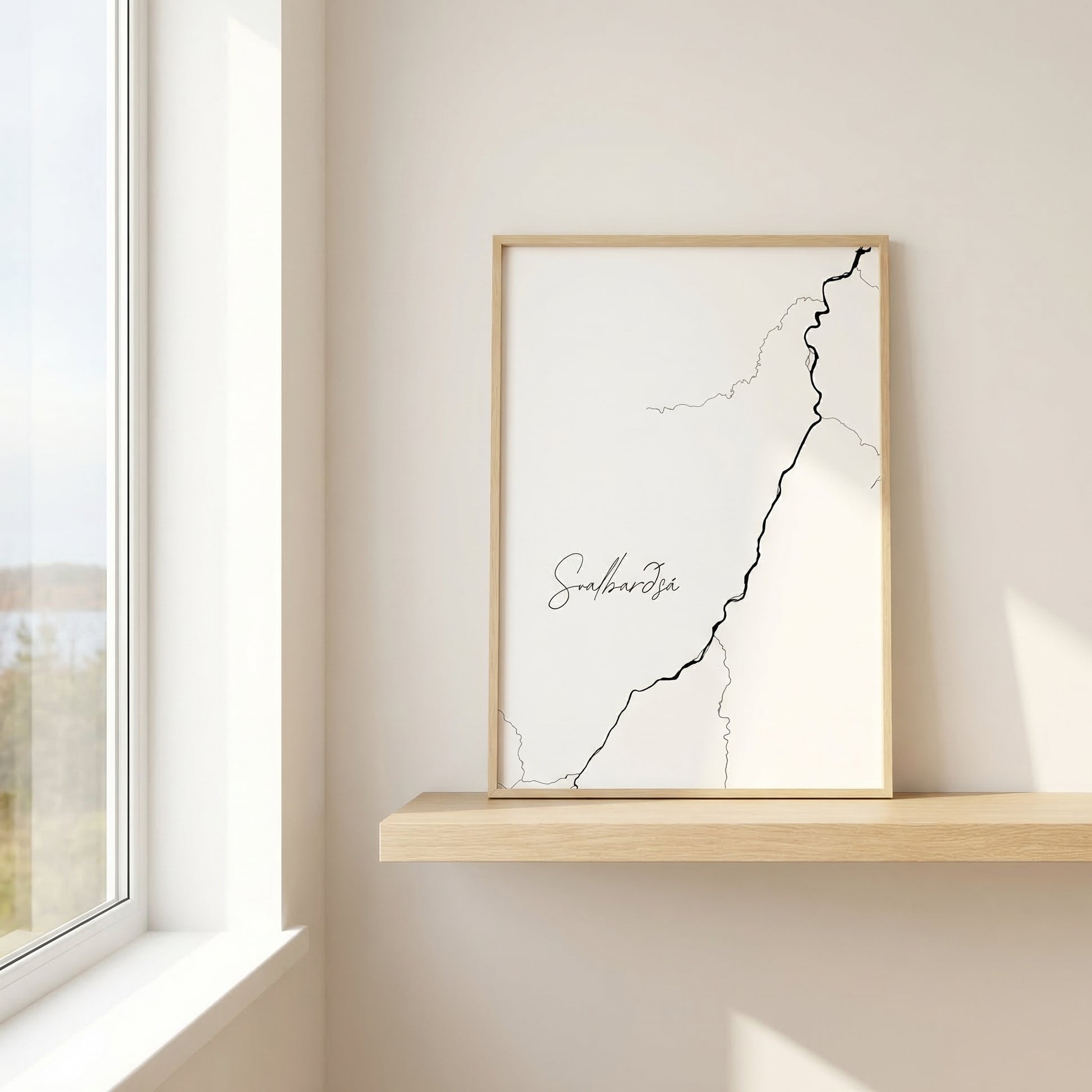 Svalbarðsá Iceland river art print in oak frame – minimalist river artwork – clean nordic interior – Veidislod