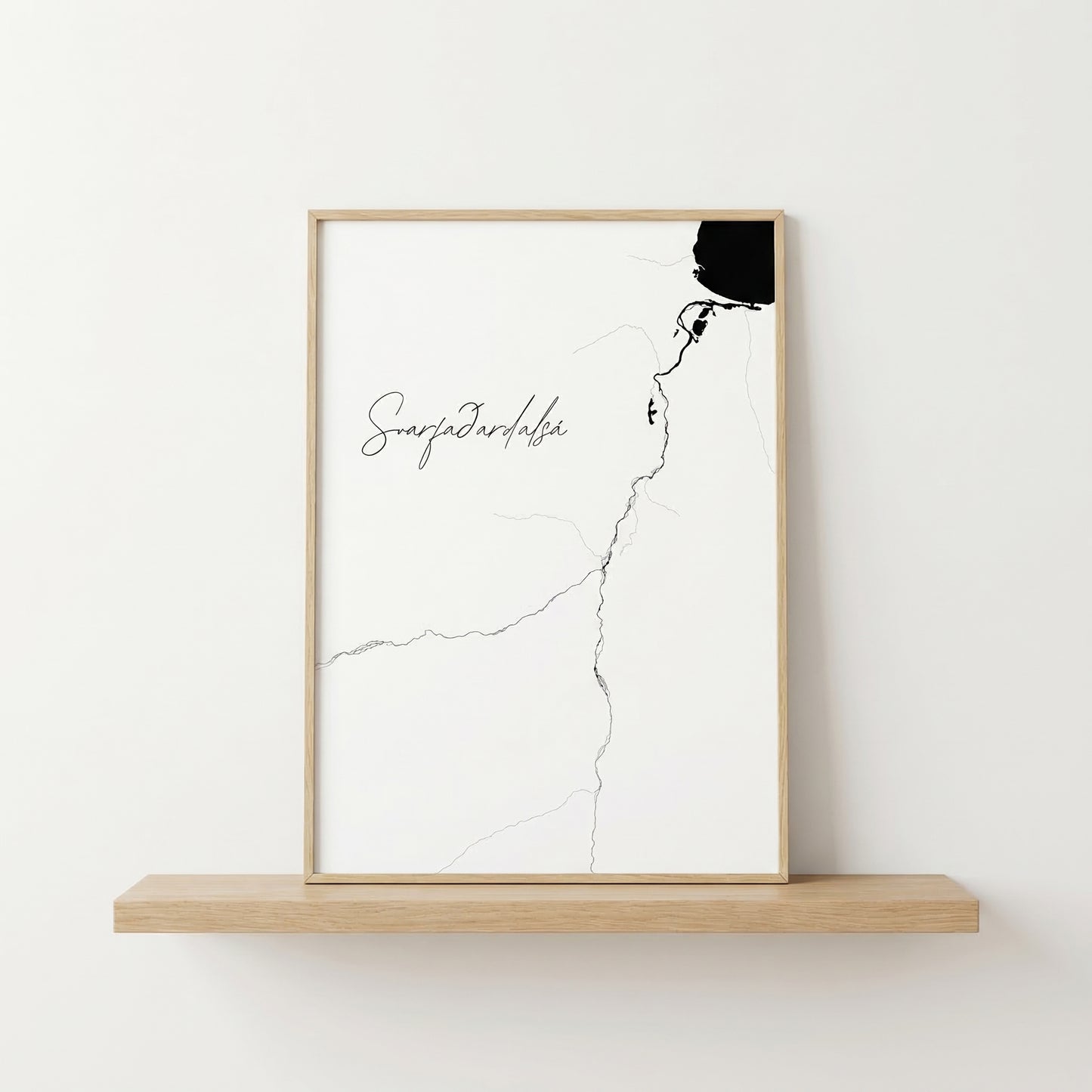 Svarfaðardalsá Iceland river art print in oak frame – minimalist line drawing wall art – nordic home decor – Veidislod