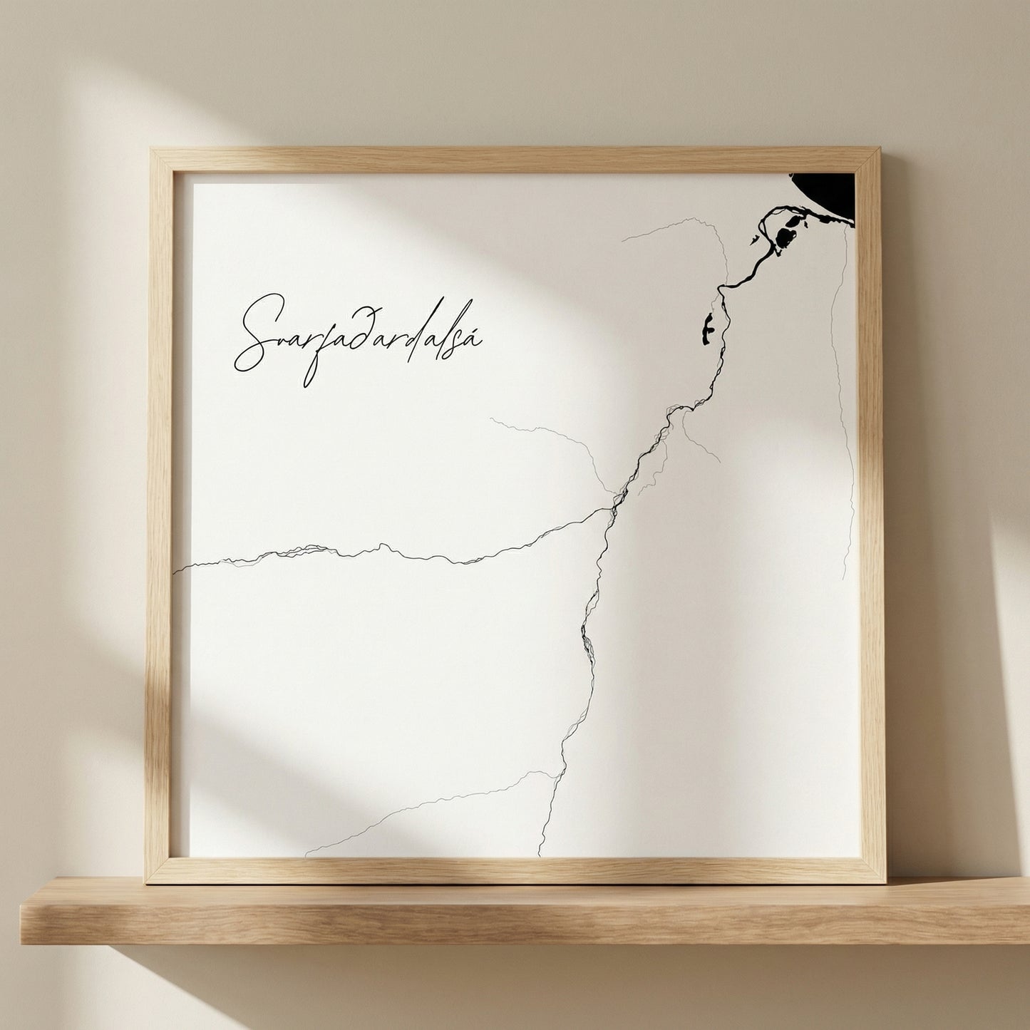 Svarfaðardalsá Iceland river art print in oak frame – minimalist line drawing wall art – nordic home decor – Veidislod