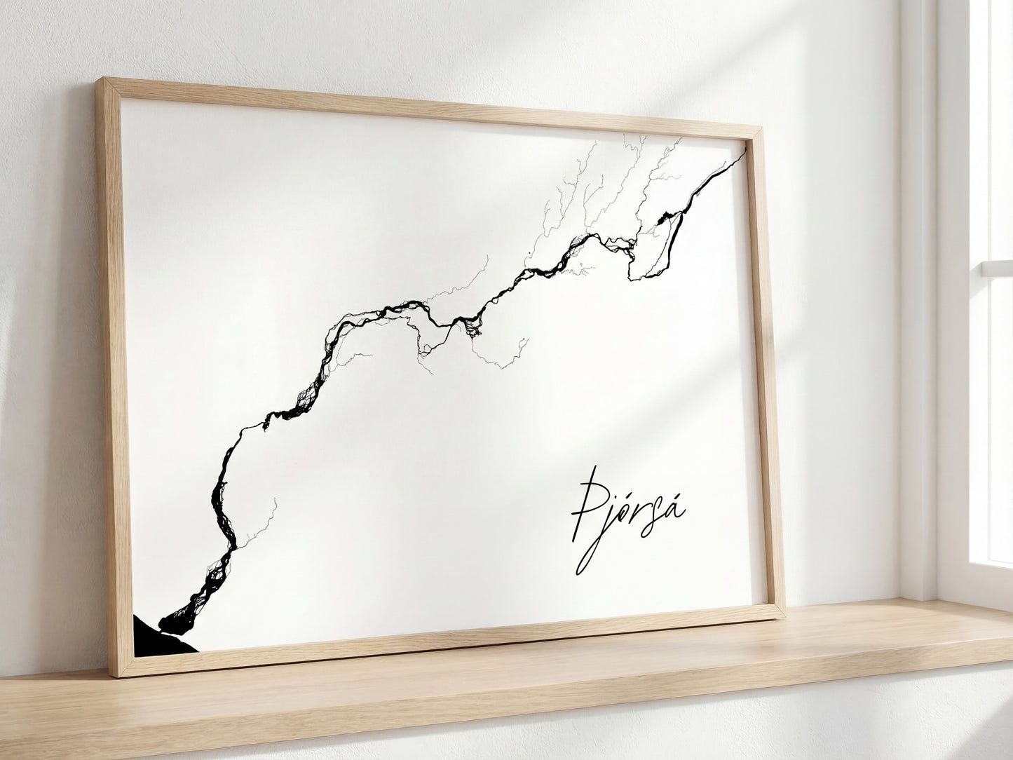 Þjórsá Iceland river art print in oak frame – minimalist wall art line drawing – scandinavian interior – Veidislod