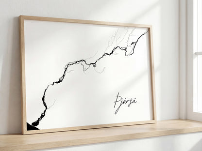 Þjórsá Iceland river art print in oak frame – minimalist wall art line drawing – scandinavian interior – Veidislod