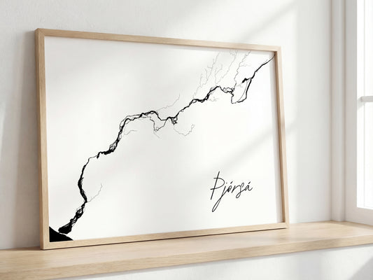 Þjórsá Iceland river art print in oak frame – minimalist wall art line drawing – scandinavian interior – Veidislod