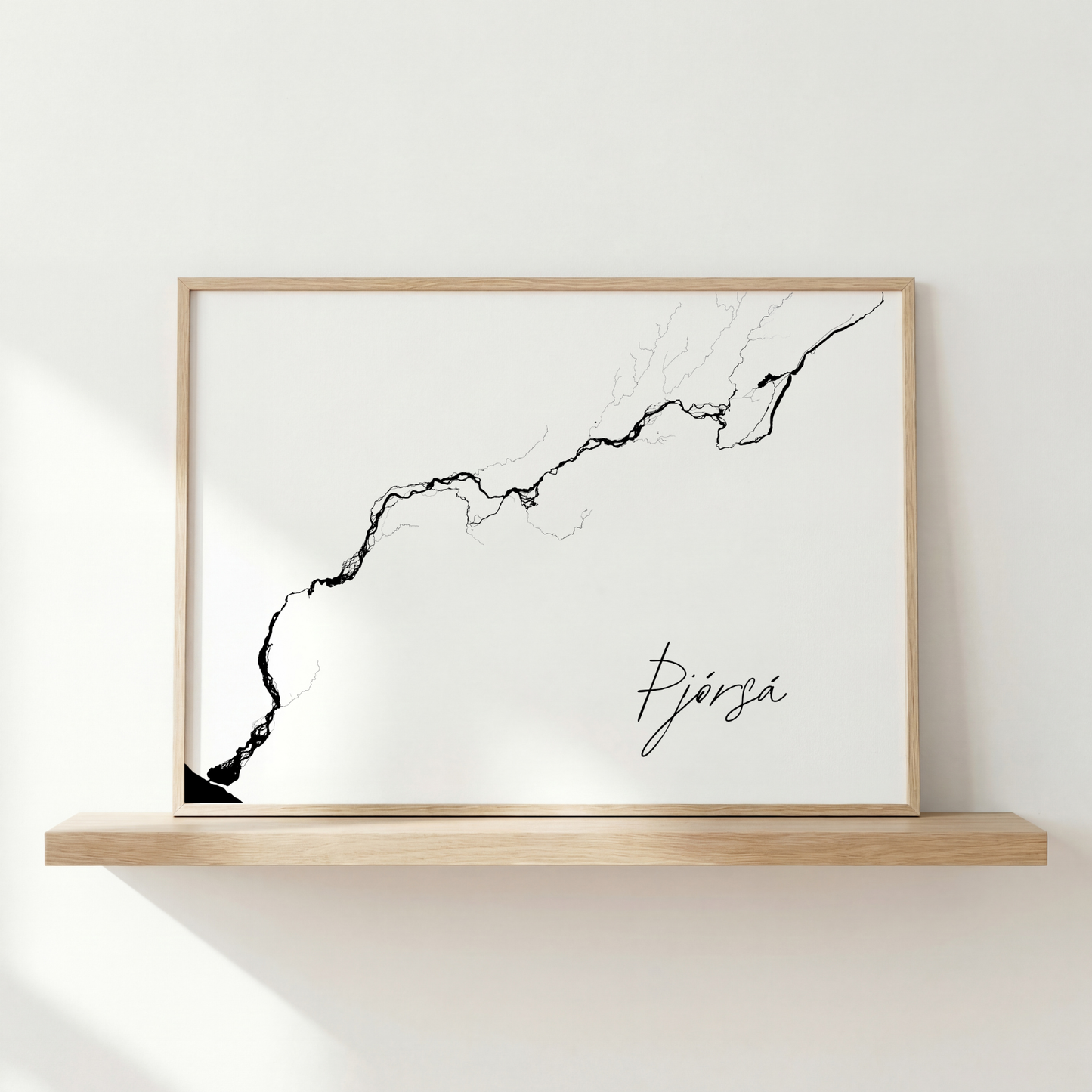 Þjórsá Iceland river art print in oak frame – minimalist wall art line drawing – scandinavian interior – Veidislod
