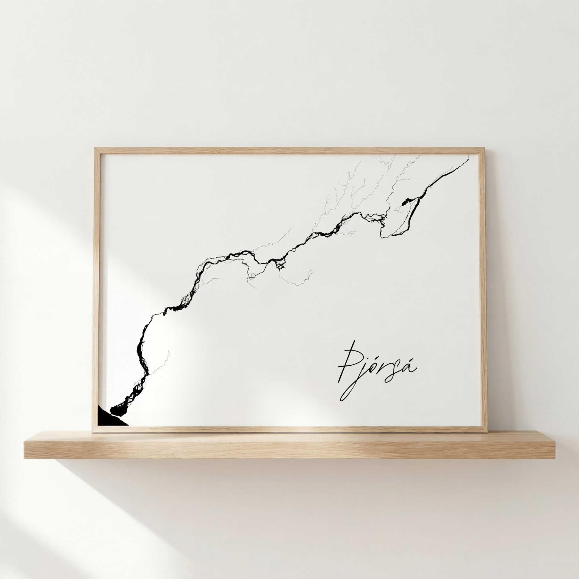 Þjórsá Iceland river art print in oak frame – minimalist wall art line drawing – scandinavian interior – Veidislod