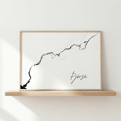 Þjórsá Iceland river art print in oak frame – minimalist wall art line drawing – scandinavian interior – Veidislod