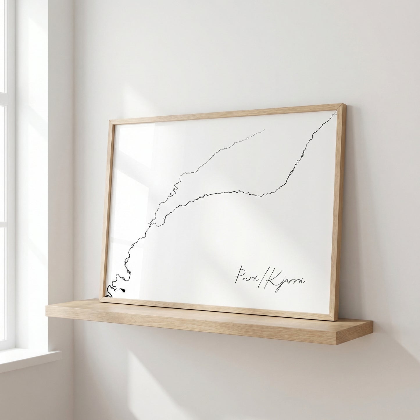 Þverá/Kjarrá Iceland salmon river art print in oak frame – minimalist line drawing wall decor – clean nordic styling – Veidislod
