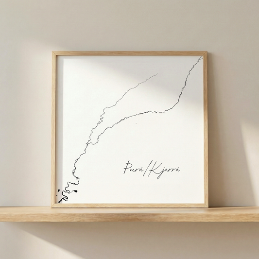 Þverá/Kjarrá Iceland salmon river art print in oak frame – minimalist line drawing wall decor – clean nordic styling – Veidislod