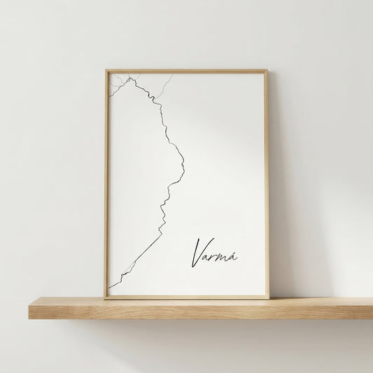 Varmá Iceland river art print in oak frame – minimalist wall art line drawing – clean scandi interior – Veidislod