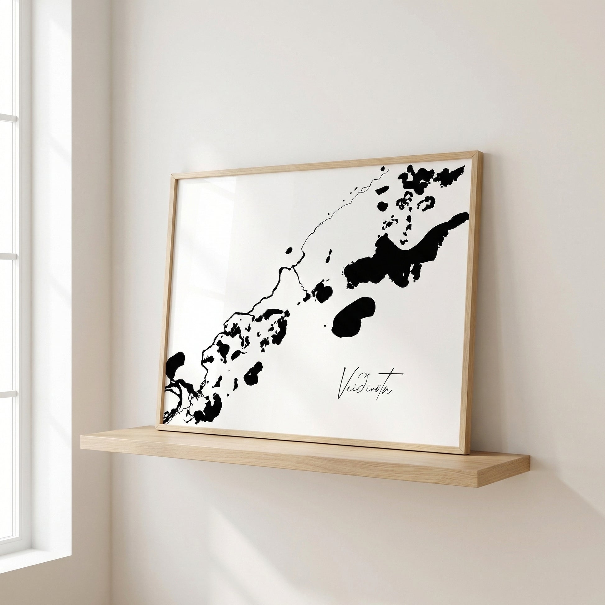 Veiðivötn Iceland landscape art print in oak frame – minimalist line artwork – scandinavian interior – Veidislod