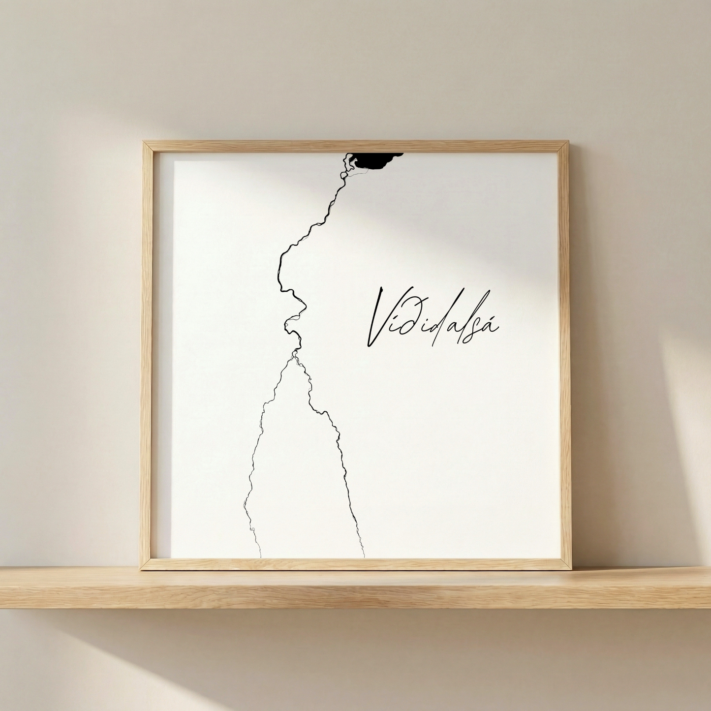 Viðidalsá Iceland river art print in oak frame – minimalist line drawing wall art – clean studio mockup – Veidislod
