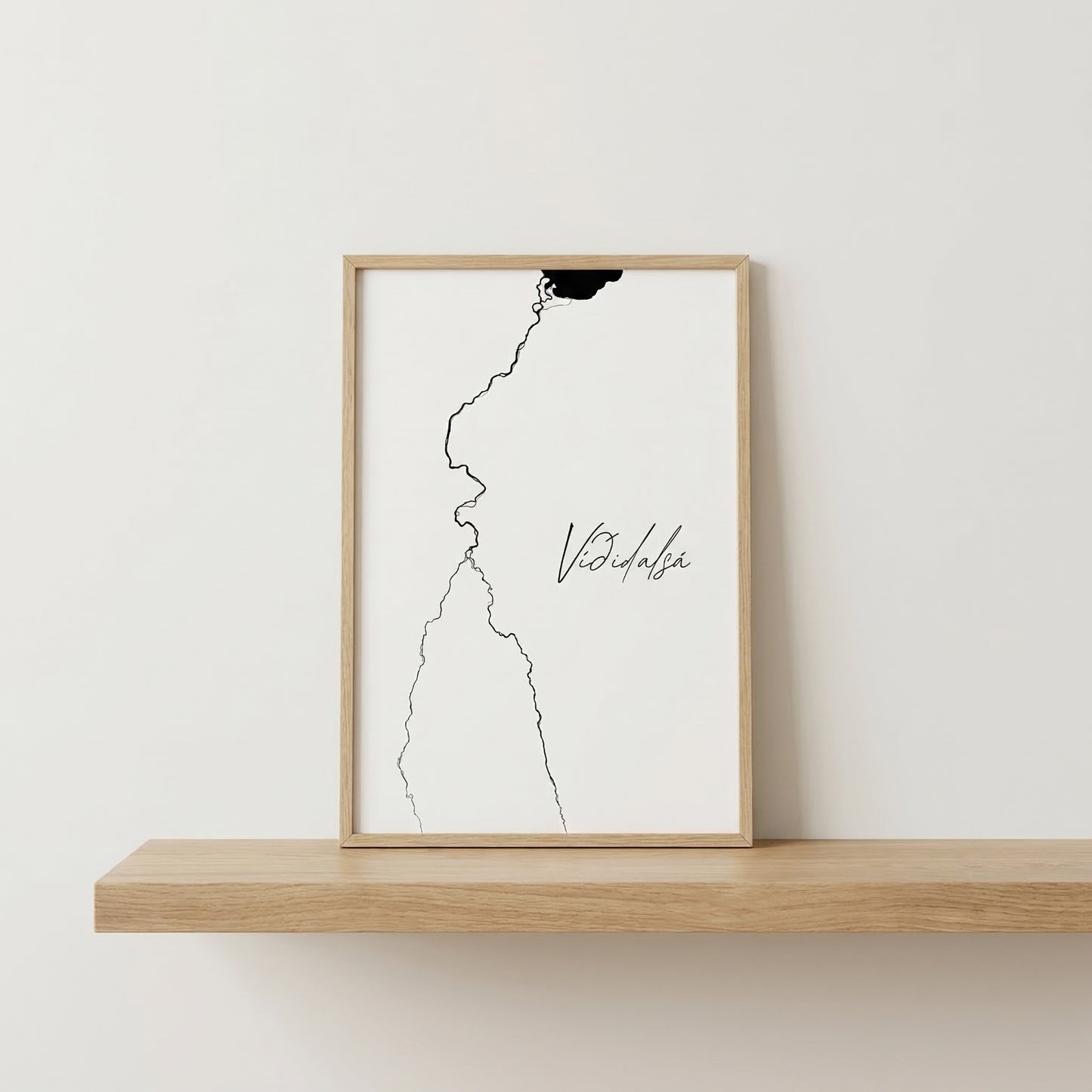 Viðidalsá Iceland river art print in oak frame – minimalist line drawing wall art – clean studio mockup – Veidislod