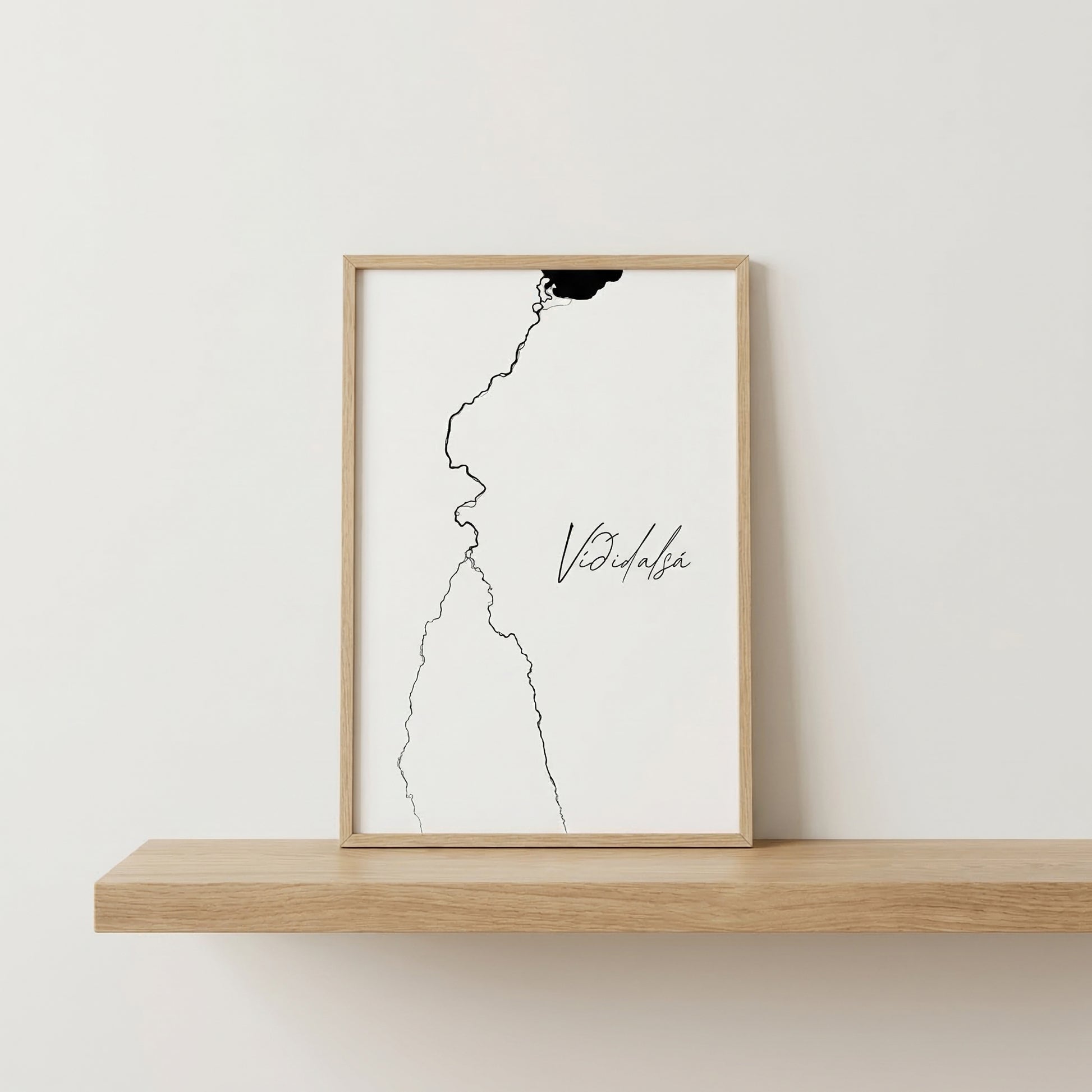 Viðidalsá Iceland river art print in oak frame – minimalist line drawing wall art – clean studio mockup – Veidislod